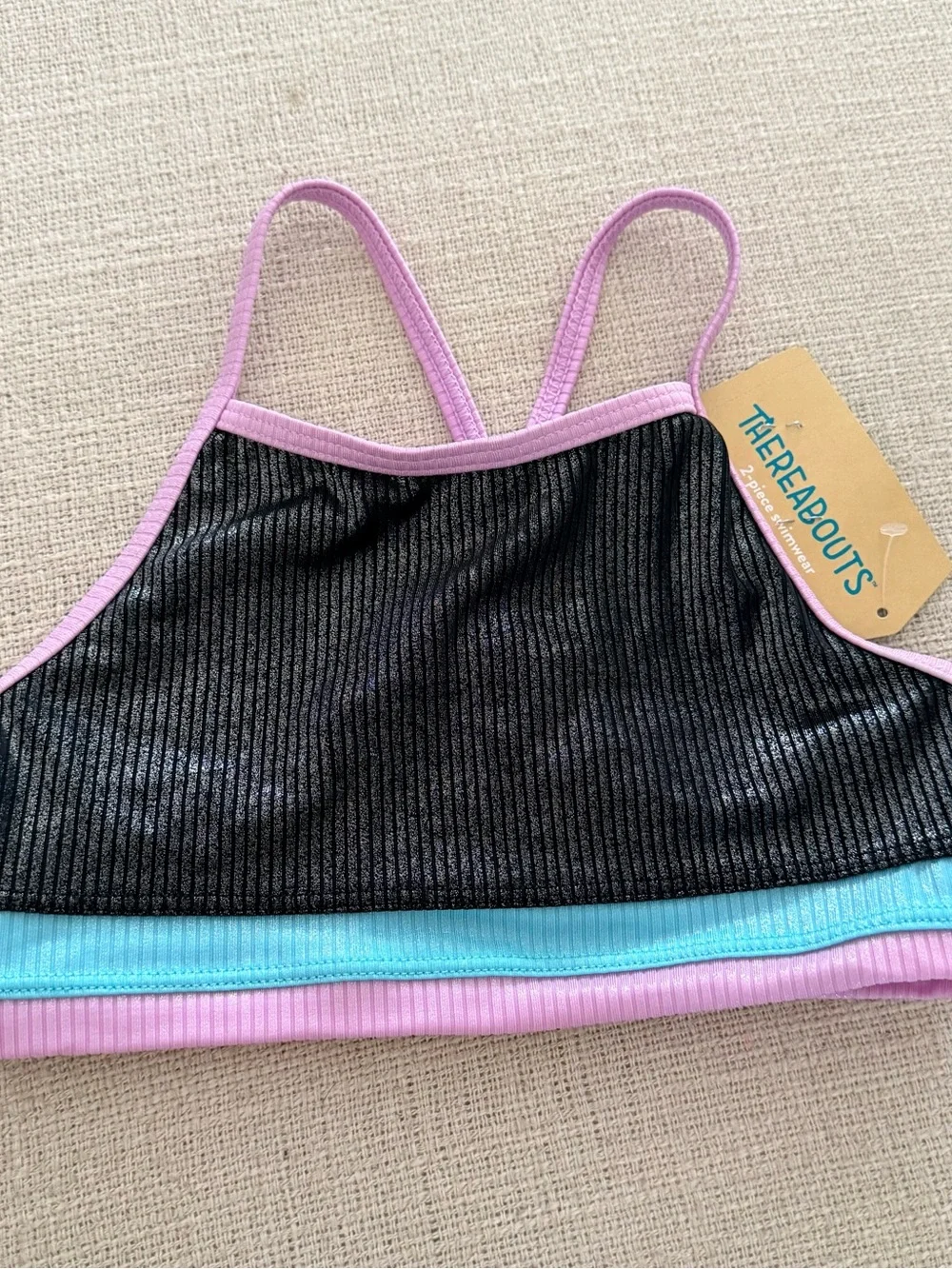Thereabouts Girls 7/8 Metallic Ribbed 2 Piece Swimsuit Black Pink Blue NWT